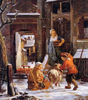 Winter city view with children Sun